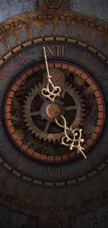 Steampunk clock with gears and Roman numerals in vintage style.