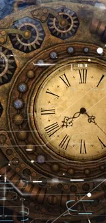 Steampunk clock with gears and Roman numerals on a brown background.
