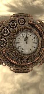 Steampunk clock with gears on vintage styled wallpaper background.