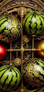 Steampunk-inspired wallpaper with ornate mechanical fruits.