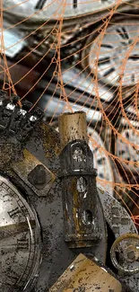 Steampunk wallpaper with gears and clocks in rustic orange tones.