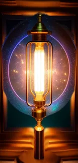 Steampunk-style glowing light bulb with cosmic background.