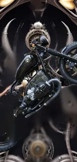 Vintage steampunk motorcycle with intricate design on black background.