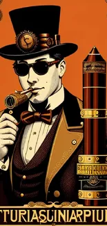 Steampunk gentleman in vintage attire on mobile wallpaper with clockwork elements.