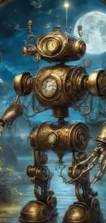 Intricate steampunk robot art under moonlight.