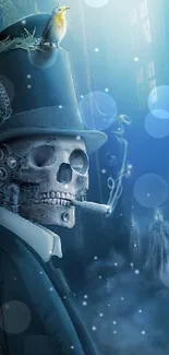 Artistic steampunk skull with gears in a mystical blue setting.