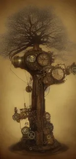 Intricate steampunk tree with gears and vintage design.