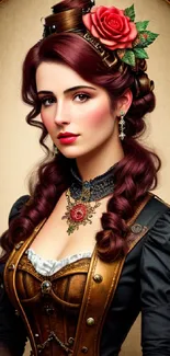 Steampunk woman with vintage attire and floral accent against a brown background.