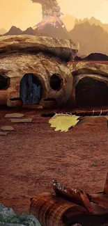 Stone Age cartoon cave house with earthy tones.