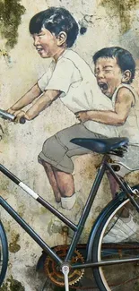 Children playing mural mobile wallpaper with vintage bicycle.