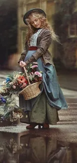 Vintage street scene with flower vendor in earthy tones.