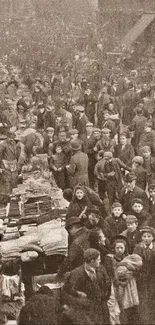 Sepia-toned crowded vintage street market with bustling activity.