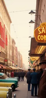 Vintage city street with retro cars and nostalgic signs in sepia tones.