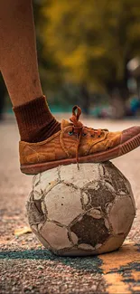 A vintage soccer scene with a sneaker on a worn-out ball on a street.