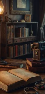 Vintage desk with camera and books in study.