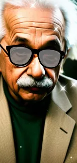 Einstein wearing sunglasses in a vintage style with a classic suit.