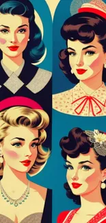 Vintage style illustration of four elegant women with different hairstyles.