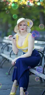 Vintage styled woman in hat sitting on a park bench surrounded by greenery.