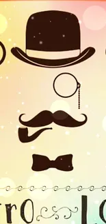 Vintage style mobile wallpaper with hat, mustache, and bow tie icons.