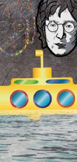 Yellow submarine on gray textured background with artistic flair.