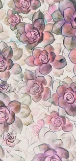 Vintage succulent art wallpaper with pink and green hues.