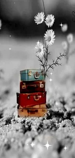 Vintage suitcases stacked with daisies against a blurred background.