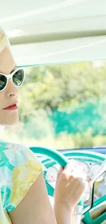 Woman in retro style driving a classic car, exuding vintage summer vibes.