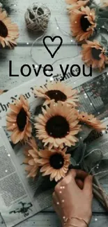 Vintage sunflower wallpaper with 'Love You' message and rustic elements.