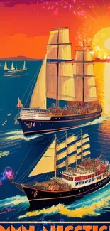 Vintage poster of sailboats at sunset on the ocean, with vibrant orange and blue hues.