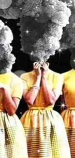 Retro wallpaper with three figures having cloud heads in golden yellow attire.