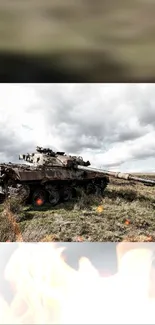 Vintage military tank on rugged battlefield scene.