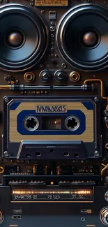 Vintage audio cassette with speakers in a retro themed layout.