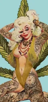 Vintage tattoo art wallpaper with pin-up figure and cannabis leaf.