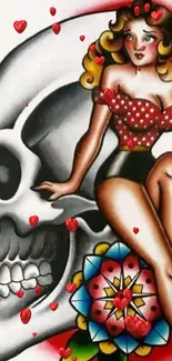 Vintage tattoo art with skull and pin-up girl design.