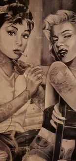 Vintage art wallpaper featuring tattooed fashion icons in sepia tones.