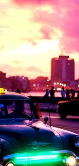 Vintage taxi under a pink sunset sky, showcasing urban charm.