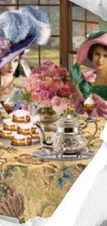 Vintage tea party scene with elegant hats, floral centerpiece, and tea set.