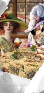 Vintage tea party scene with elegant women and desserts.