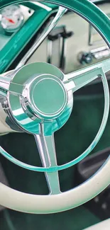 Vintage teal car steering wheel and dashboard for mobile wallpaper.