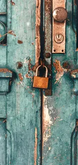 Rustic teal door with metal lock mobile wallpaper.