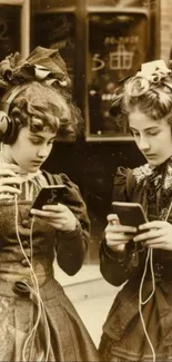 Vintage ladies with smartphones in sepia tone.