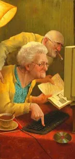 Vintage style humorous wallpaper with elderly using a computer.