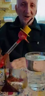 Elderly man with vintage toy and glass of water.