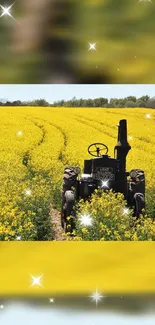 Vintage tractor amidst a vibrant yellow flower field with a serene background.