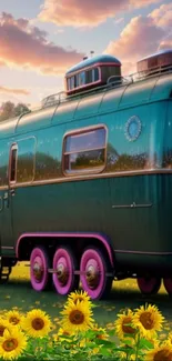 Vintage trailer and sunflower field under a colorful sky.