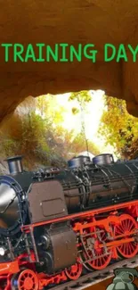 Steam locomotive exiting a scenic tunnel with vibrant colors.