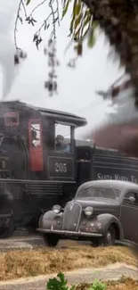 Vintage train with antique car near tree.