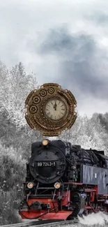 Vintage steam train with clock overlay, black and white background.