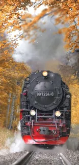 Steam train amidst autumn leaves and golden forest.