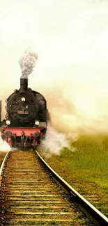 A steam train on misty railway tracks, evoking vintage travel vibes.